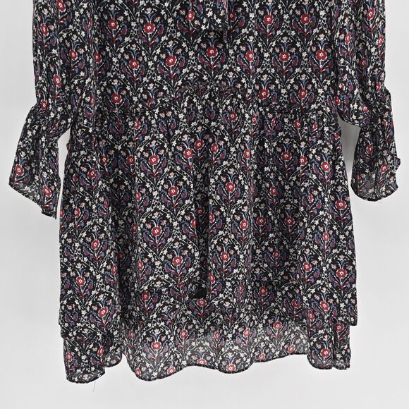 JOIE Dress Sz S Jamira‎ Black Floral Silk Tie Neck Bell Sleeve Ruffle Mini Ditsy - Picture 4 of 12